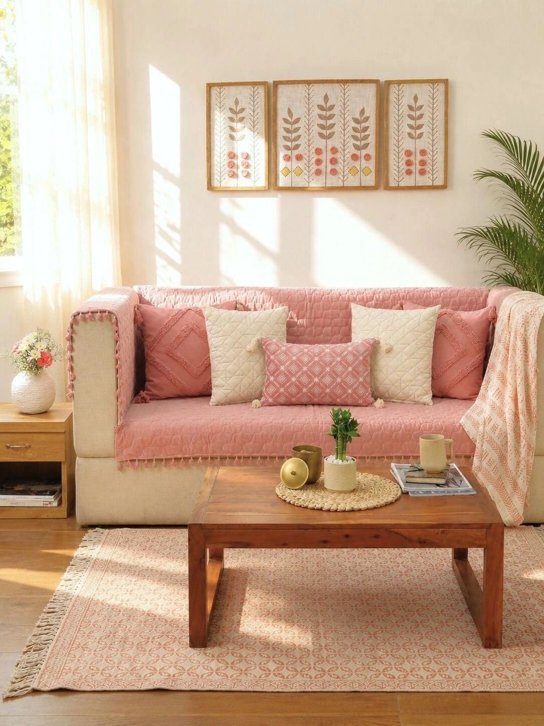 eyda Pink & White Embroidered Cotton Blend Sofa Cover With Arms-picture-17