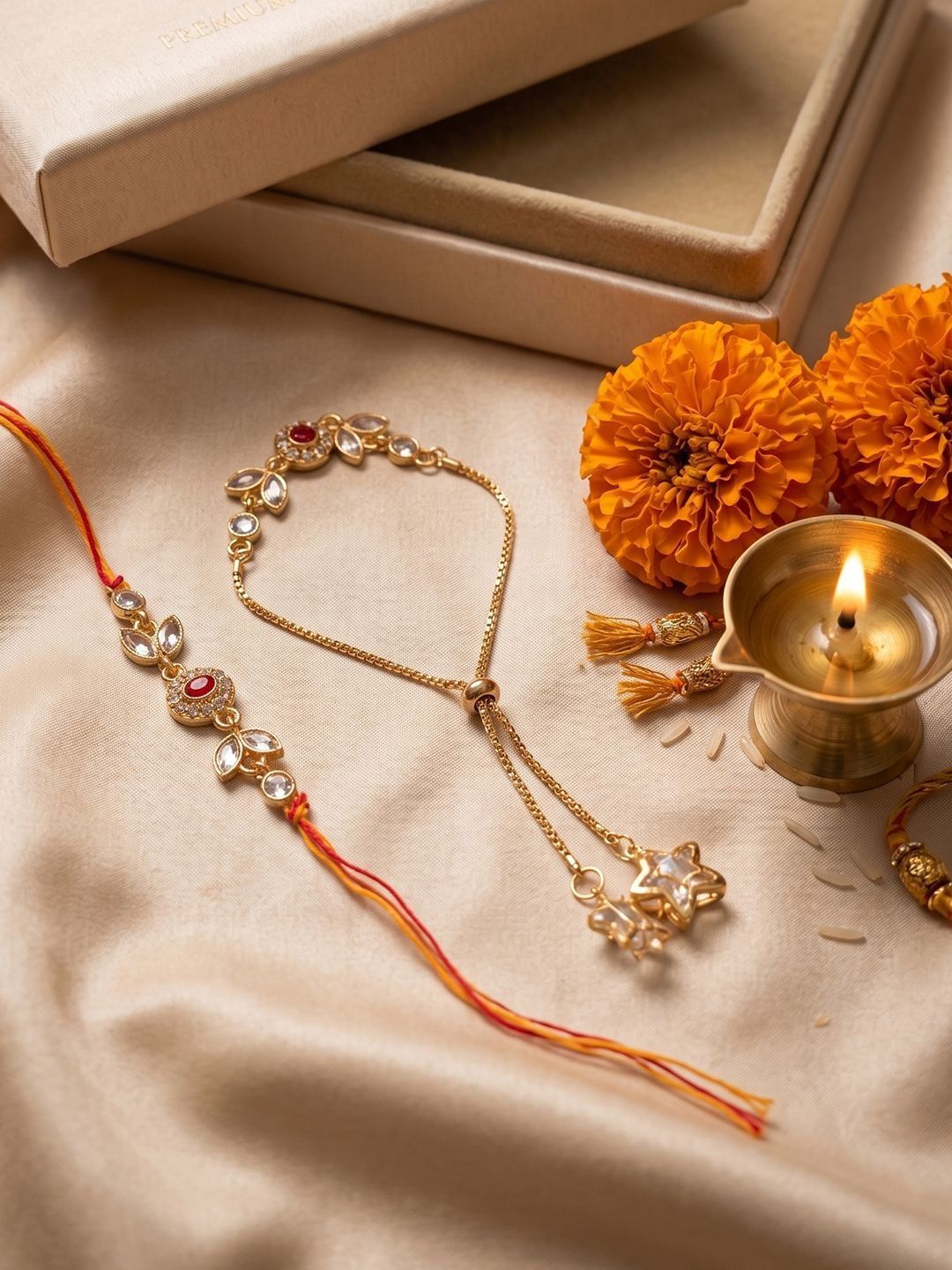 SZN Set Of 2 Kundan Studded Gold Toned Bhaiya Bhabhi Rakhi-image-20