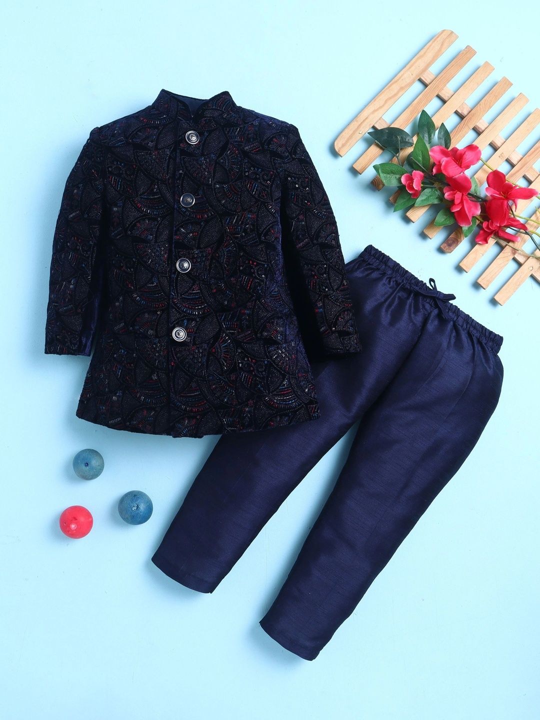 Sparklepop Boys Printed Mandarin Collar Sherwani-picture-28