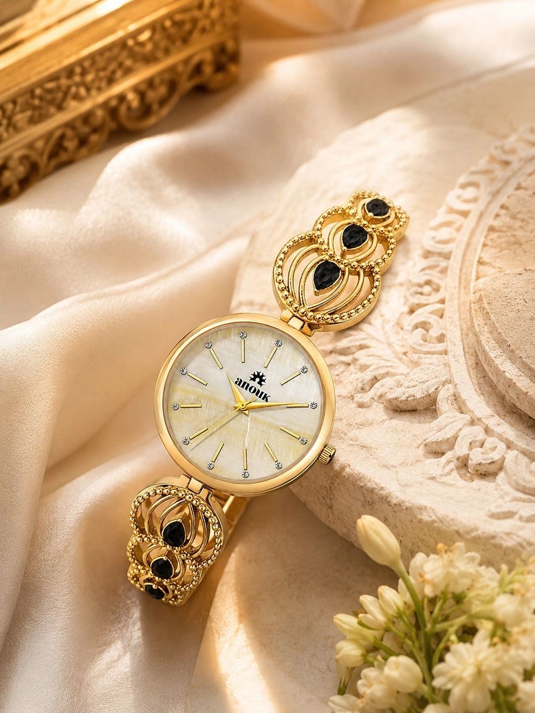 Anouk Women Brass Mother of Pearl Dial & Embellished Straps Analogue Date Aperture Watch ANW-065-GD-picture-30