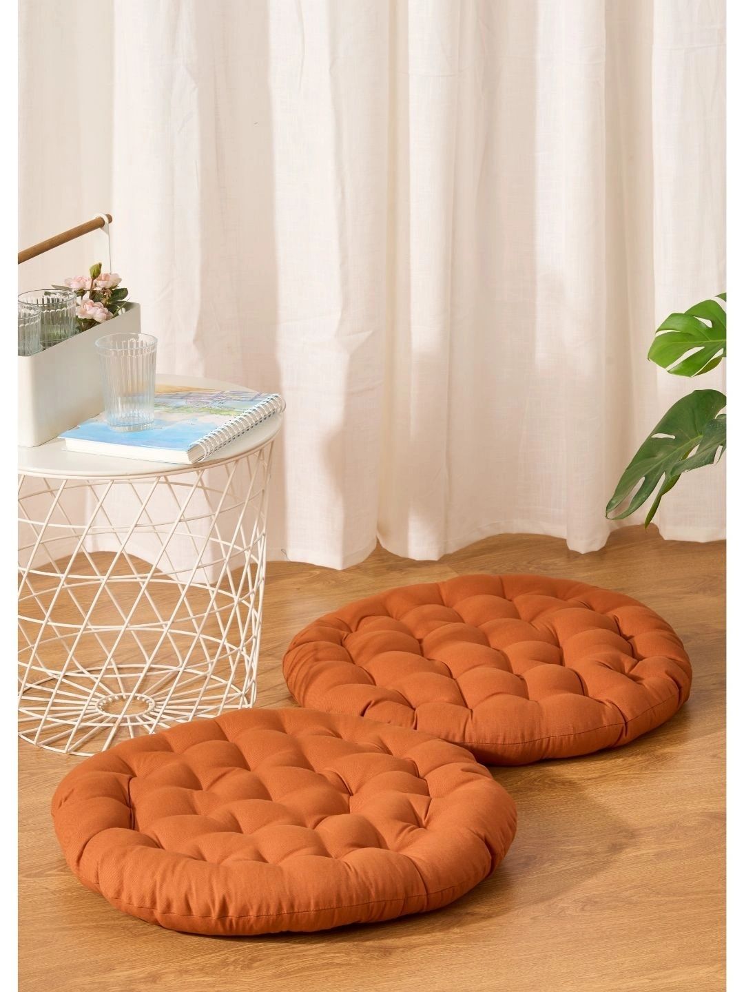 SKANDA FAB 2-Pcs Camel Brown Pure Cotton Round Floor Cushions-picture-19