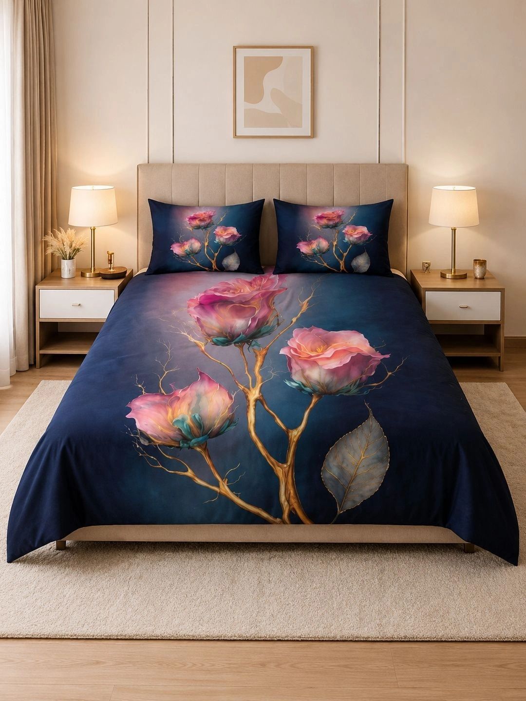 DECOR WELL Navy Blue & Pink Floral 250 TC Bedsheet with 2 Pillow Covers-image-18