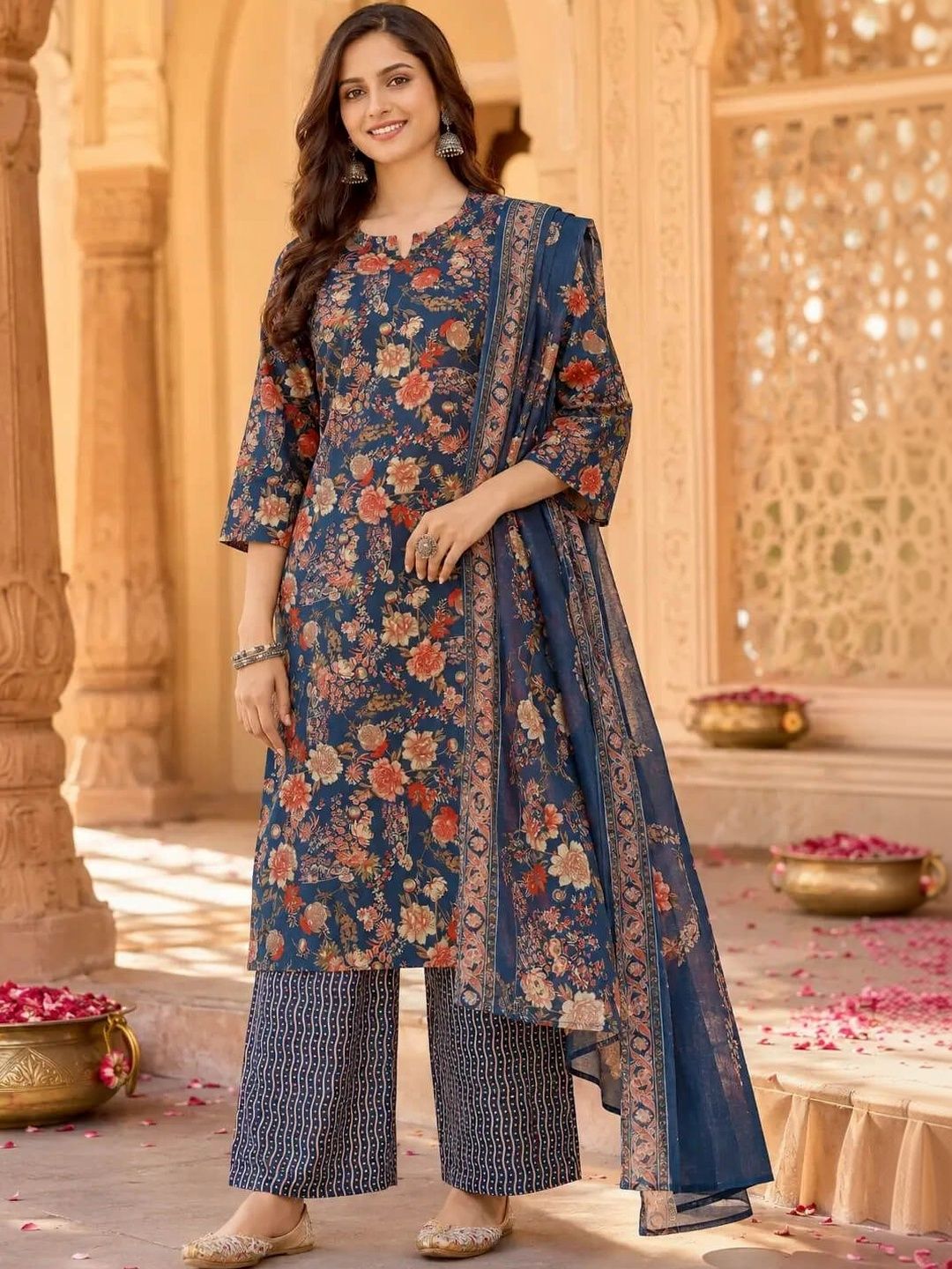 RABRIC Women Floral Printed Regular Pure Cotton Kurta with Palazzos & With Dupatta-picture-17