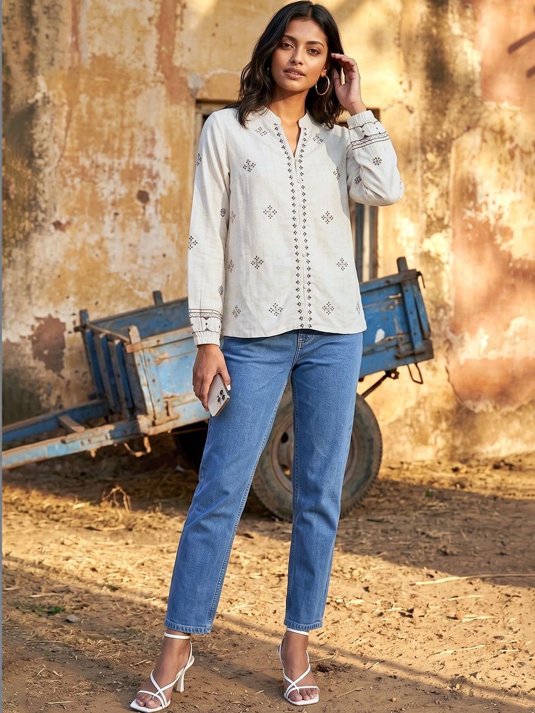 Colour Me by Melange Embroidered Mandarin Collar Ethnic Top-picture-36