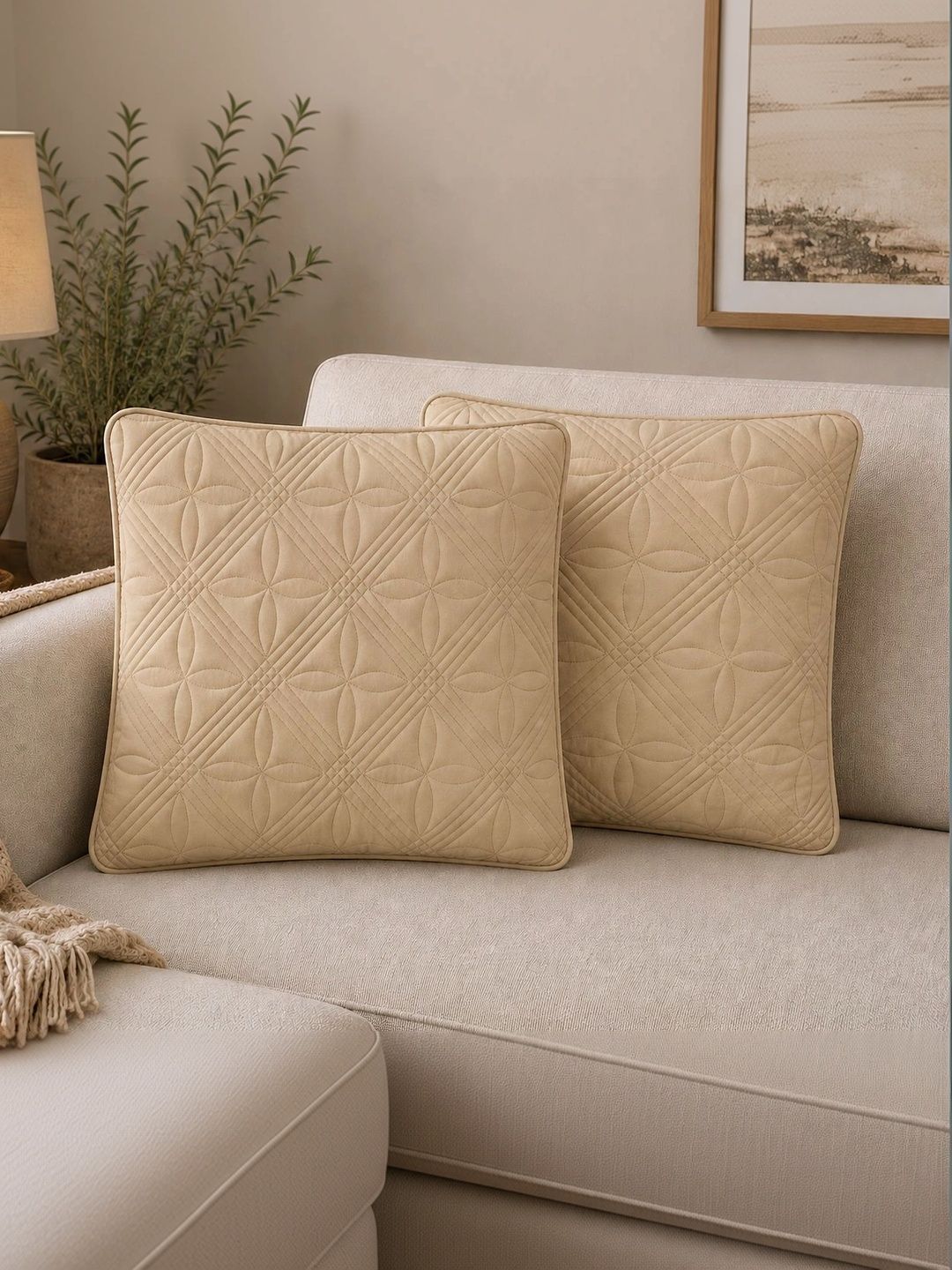 Quirky Home 2 Pieces Cream Color Pure Cotton Square Cushions-picture-48