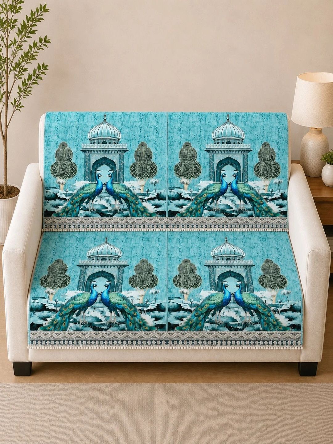 The Home Story Blue Printed 2 Piece Sofa Cover Without Arms-picture-41