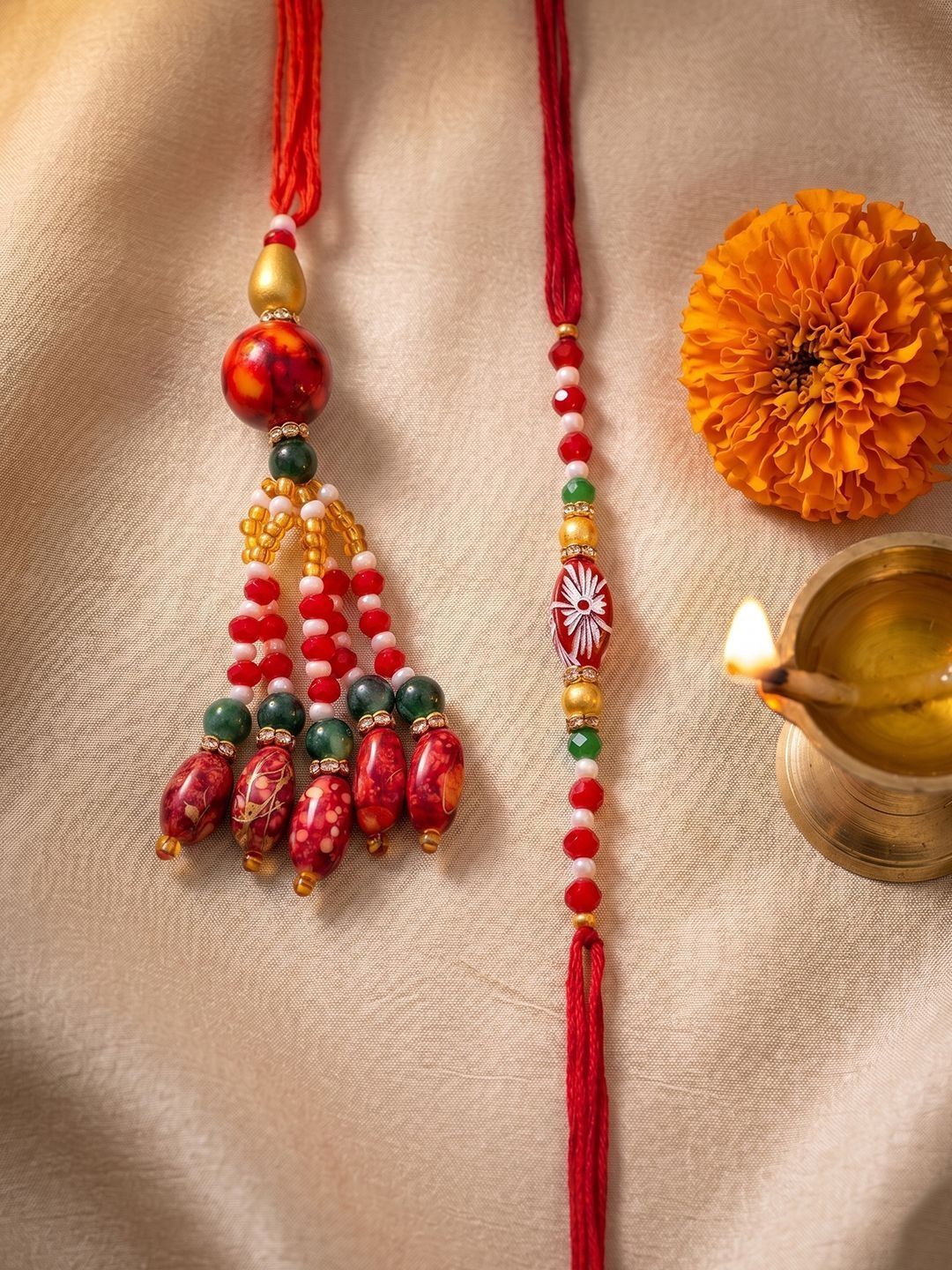 SZN Set Of 2 Designer Red Artificial Beads Bhaiya Bhabhi Rakhi With Roli Chawal Chandan-picture-31