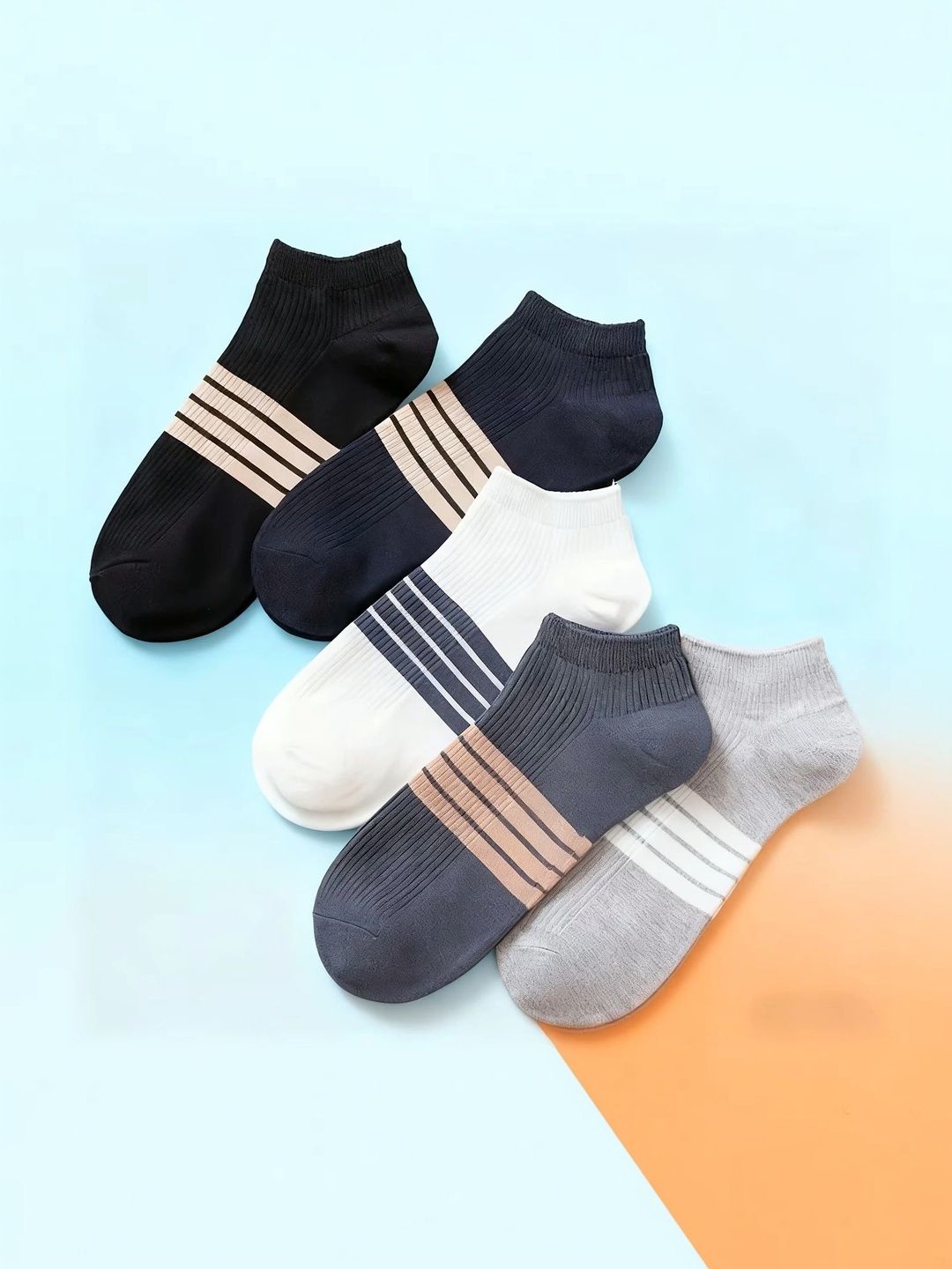 BEAR&BEYOND Men Pack of 5 Cotton Assorted Striped Ankle Length Socks-picture-16