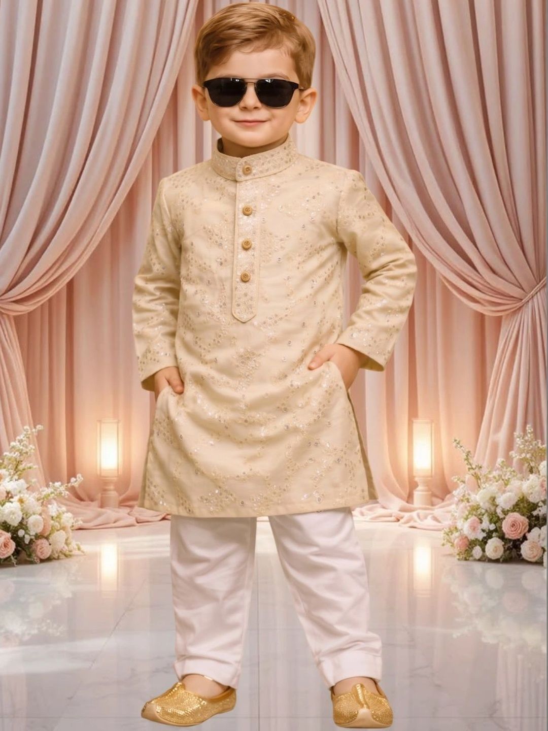 BAESD Boys Ethnic Motifs Embroidered Regular Sequinned Kurta with Pyjamas-picture-37