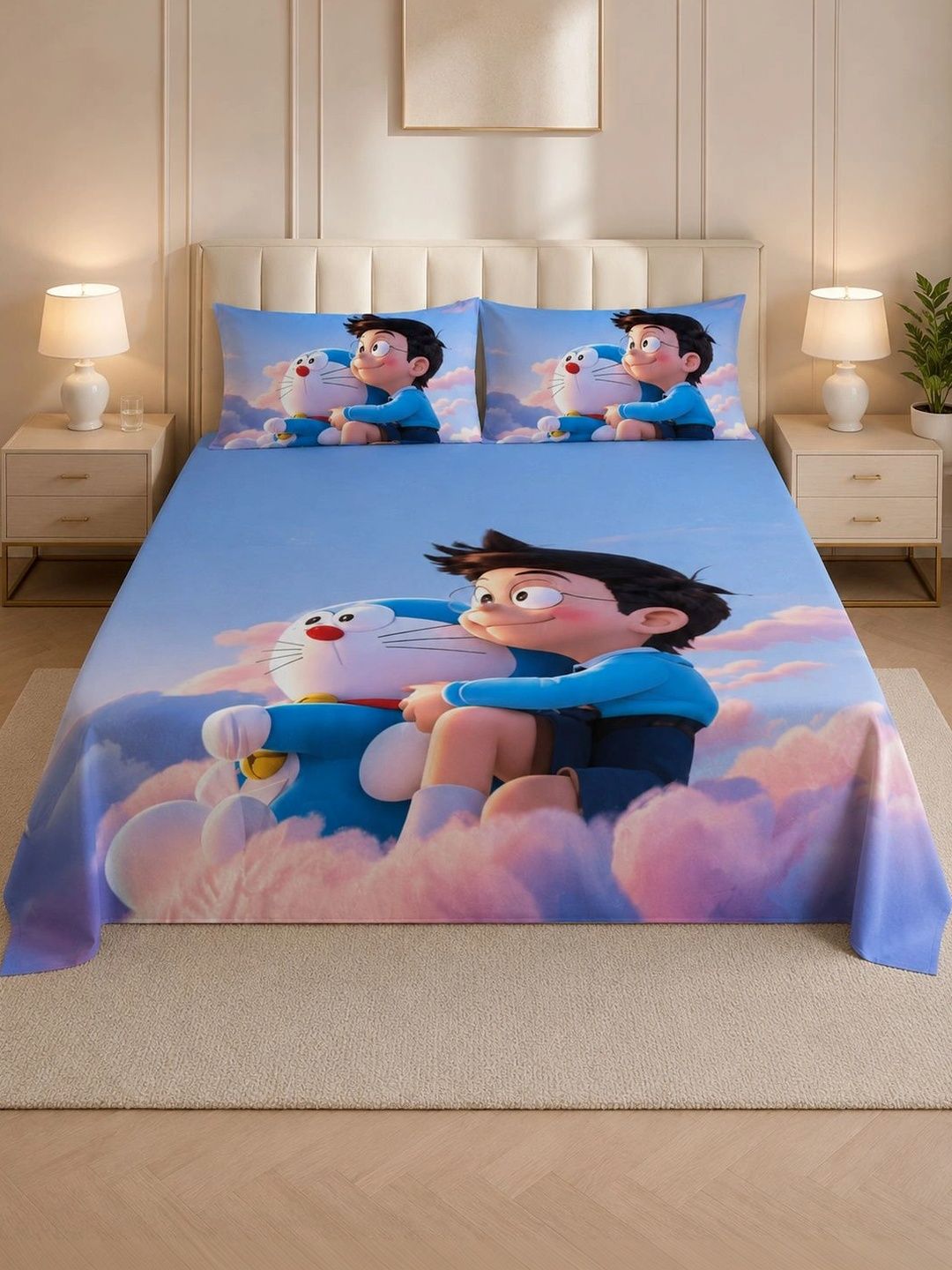 DECOR WELL Blue & White Cartoon Characters 250 TC Bedsheet with 2 Pillow Covers-image-47