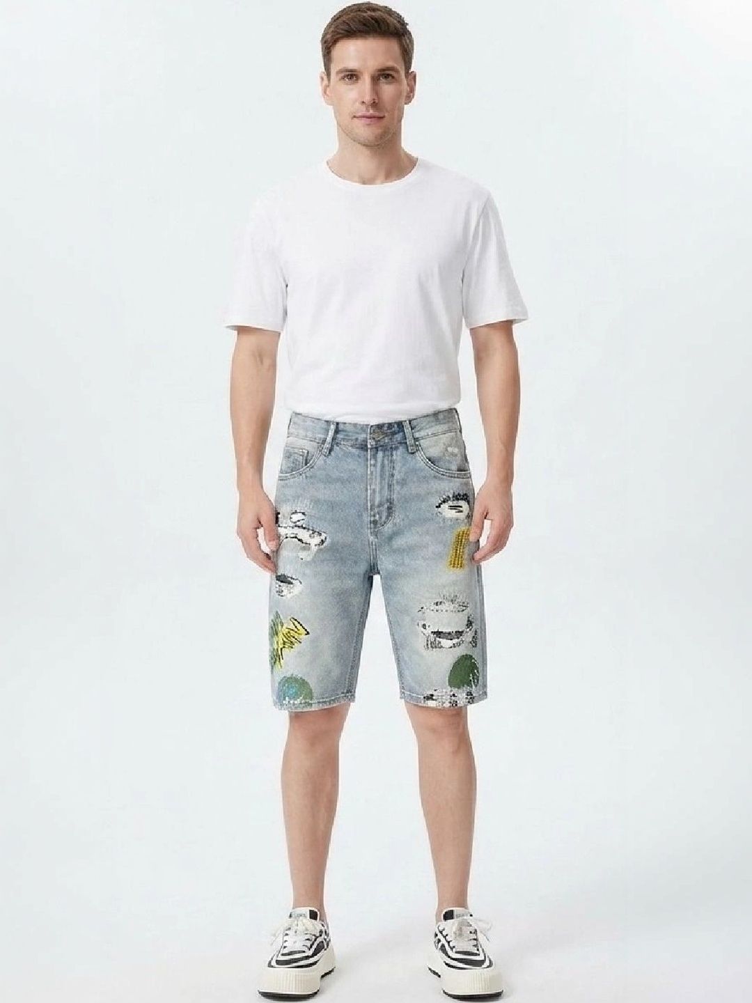 Suo Men Printed Slim Fit Denim Shorts-picture-37