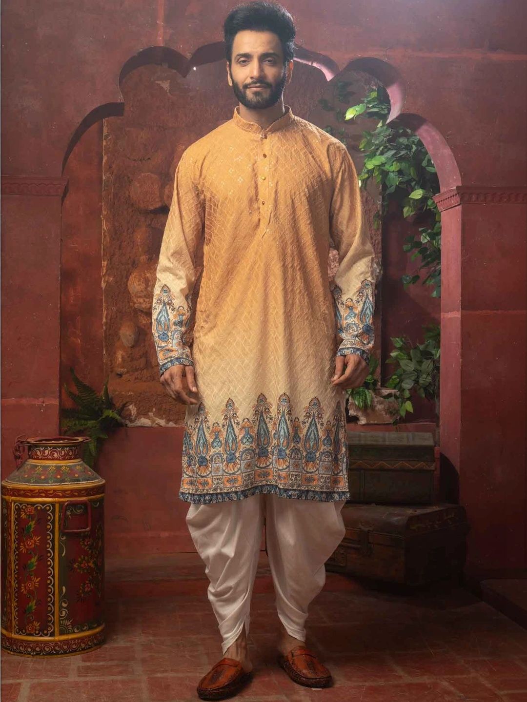 THE SHAHENSHA Men Ethnic Motifs Regular Raw Silk Kurta with Dhoti Pants-picture-39