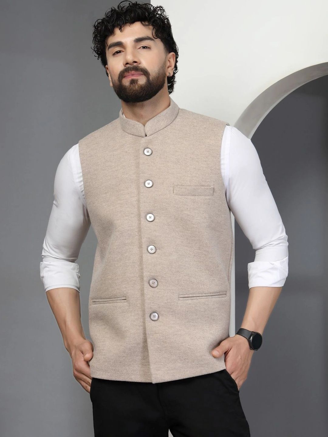 DEIFIC Mandarin Collar Woven Nehru Jackets-picture-12