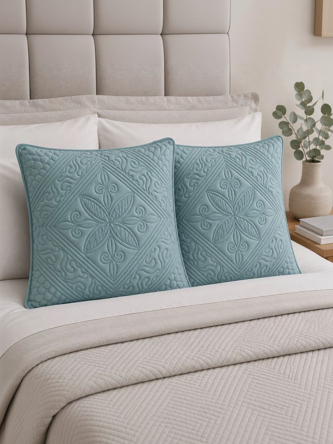 Quirky Home 2 Pieces Sea Green Pure Cotton Square Cushions-picture-43