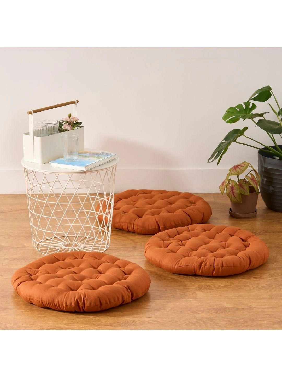 SKANDA FAB 3-Pcs Camel Brown Pure Cotton Round Floor Cushions-picture-20