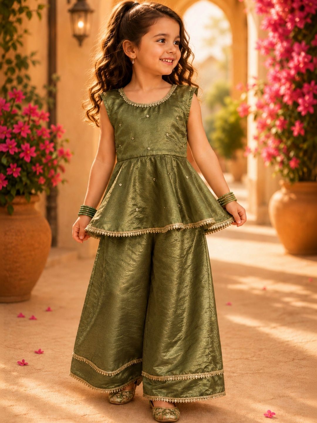 Peekaaboo Kids Girls Ethnic Motifs Regular Thread Work Kurta with Palazzos-picture-11