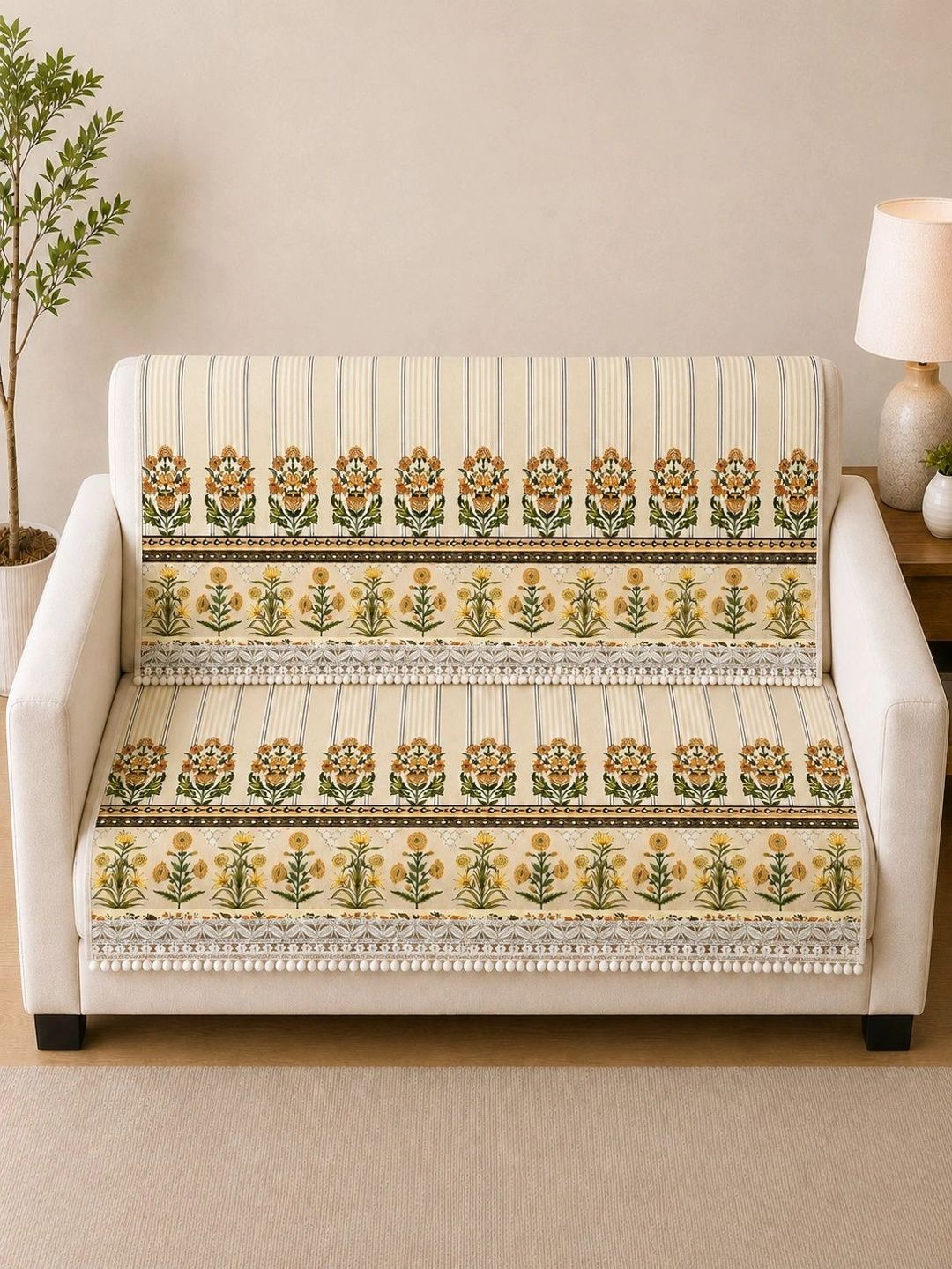Aura Cream-Coloured Printed 2 Piece Sofa Cover Without Arms-image-32