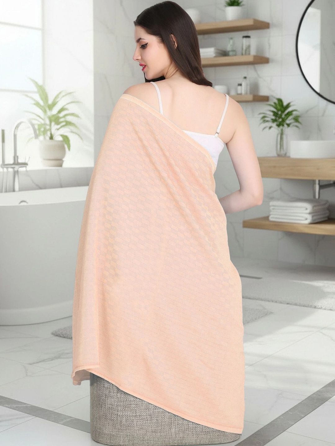 ZAHYA Peach-Coloured 1 Striped Bamboo 250 GSM Bath Towel-image-18