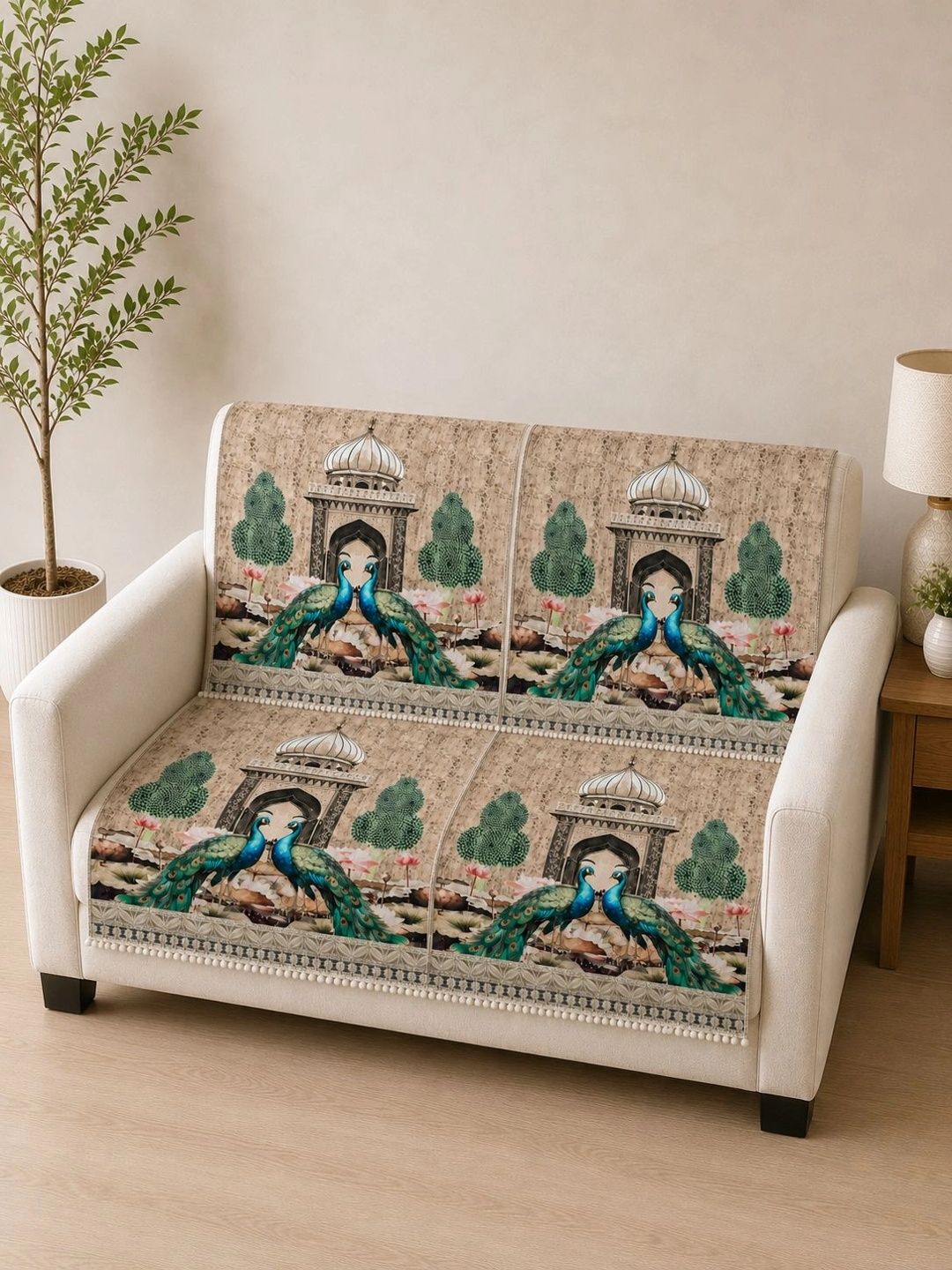 The Home Story Cream-Coloured & Beige Printed 2 Piece Sofa Cover Without Arms-picture-30