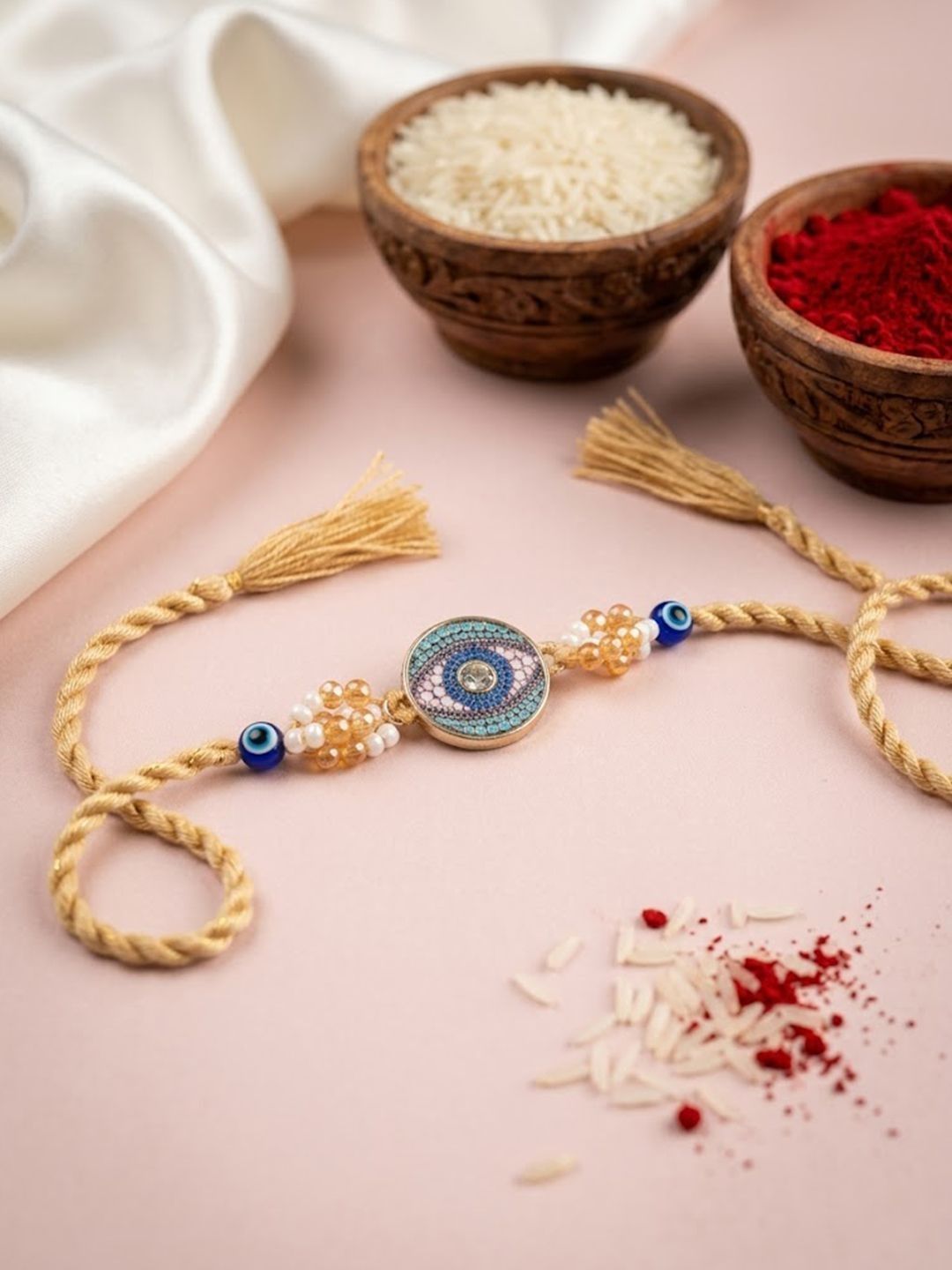 SZN Round Artificial Stones & Beads Brown Thread Rakhi With Roli Chawal Chandan Mishri-picture-26