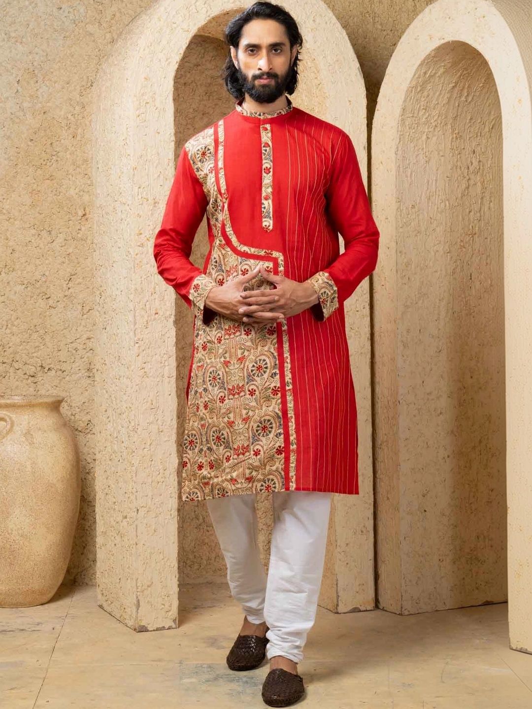 THE SHAHENSHA Men Ethnic Motifs Embroidered Angrakha Thread Work Raw Silk Kurta with Pyjamas-picture-10