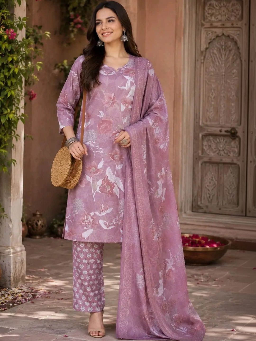RABRIC Women Floral Printed Regular Pure Cotton Kurta with Trousers & With Dupatta-picture-15