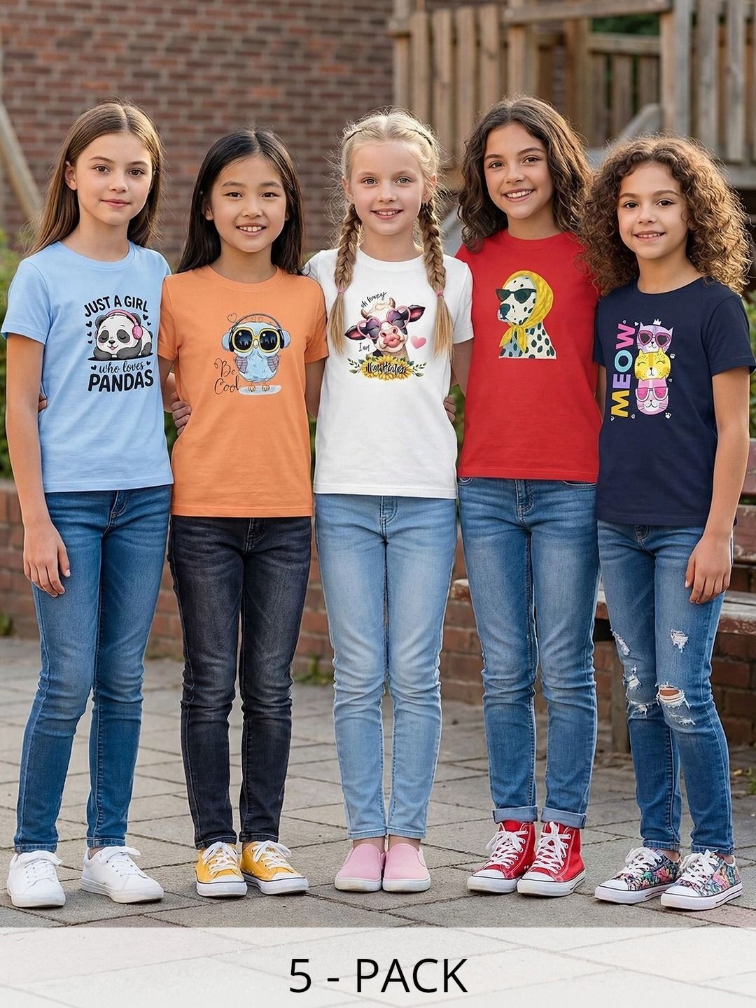 HELLCAT Girls Pack Of 5 Printed Cotton T-shirt-picture-31