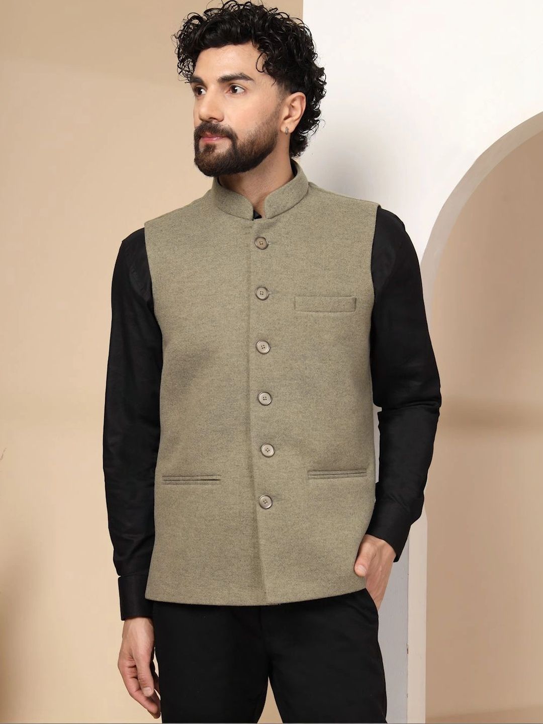 DEIFIC Mandarin Collar Woven Nehru Jacket-picture-14