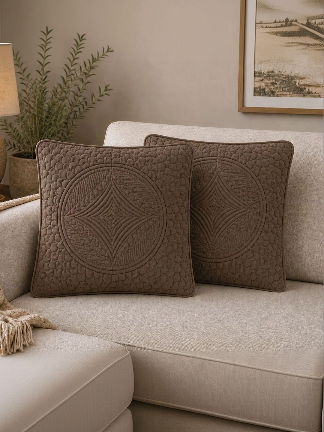 Quirky Home 2 Pieces Brown Pure Cotton Square Cushions-image-30