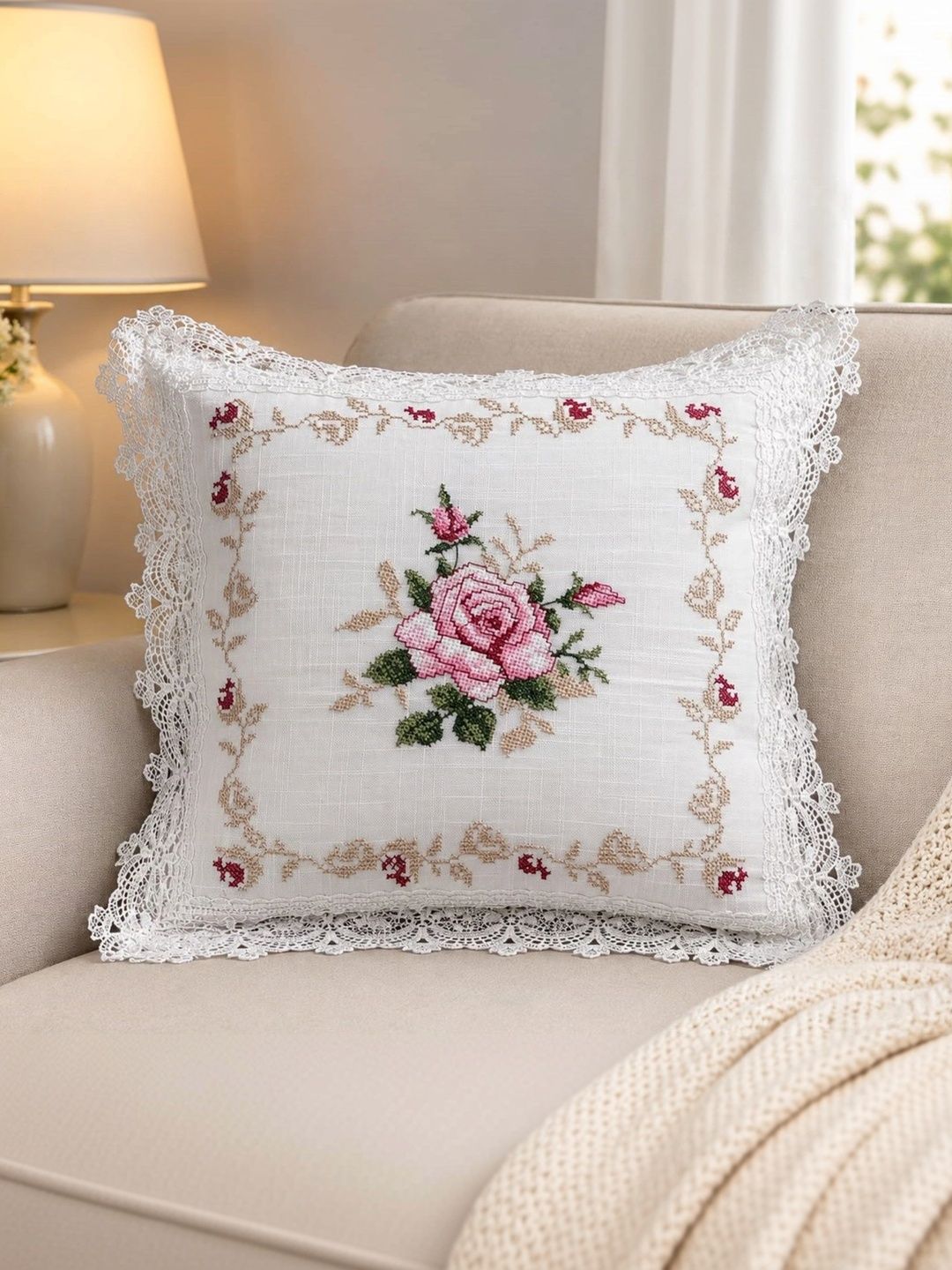 TANLOOMS White & Pink Floral Linen Blend Square Cushion Covers-image-43