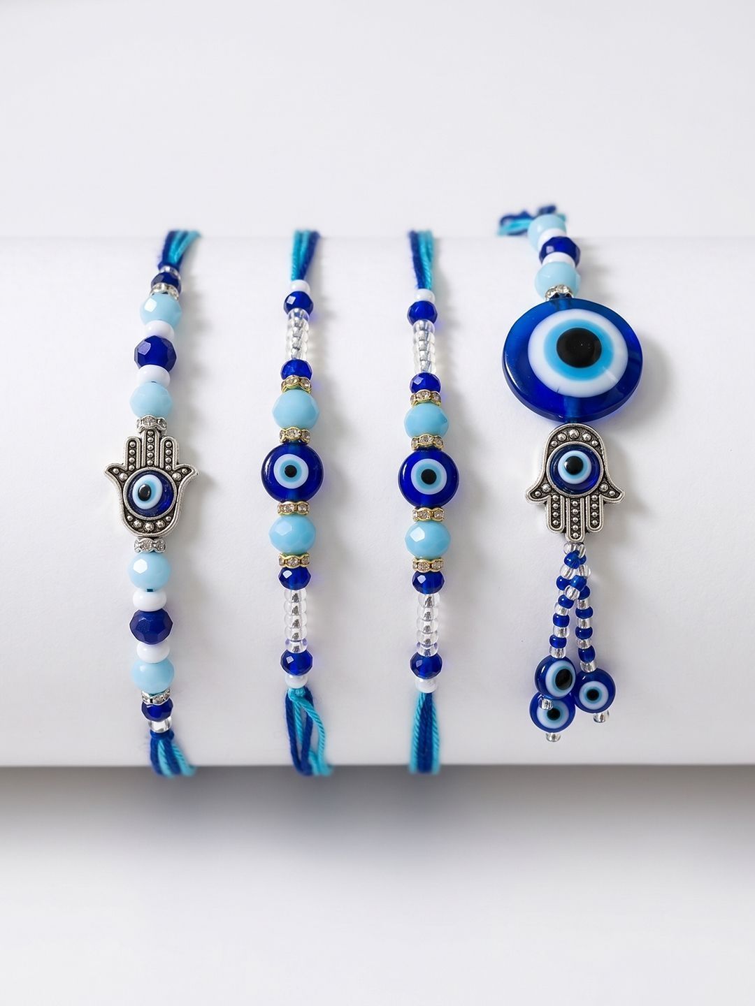 SZN Set Of 4 Designer Blue Evil Eye Thread Rakhi With Roli Chawal Chandan Mishri-image-17