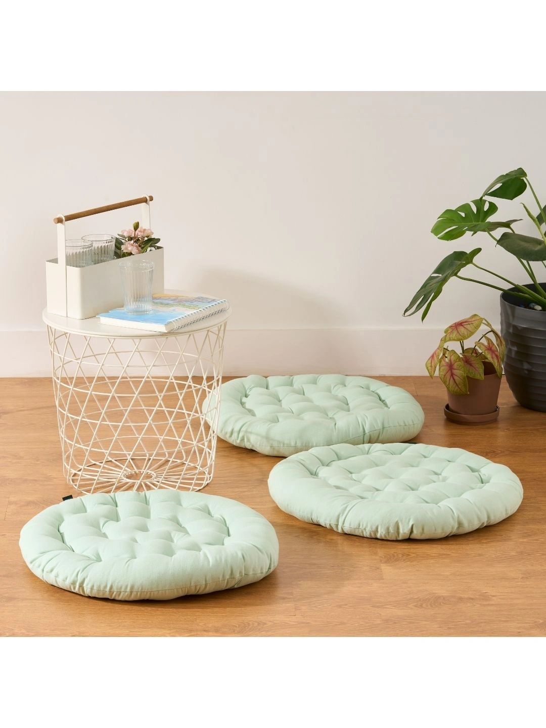 SKANDA FAB 3-Pcs Sea Green Pure Cotton Round Floor Cushions-image-34