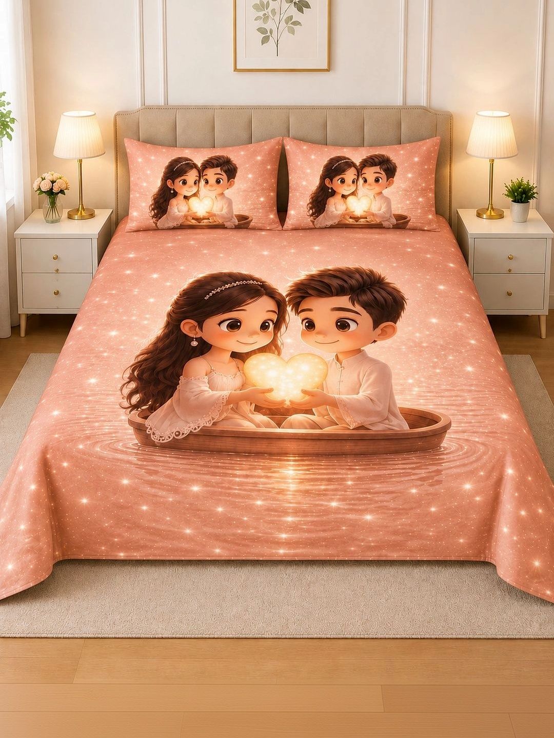 DECOR WELL Peach-Coloured Cartoon Characters 250 TC Bedsheet with 2 Pillow Covers-image-48
