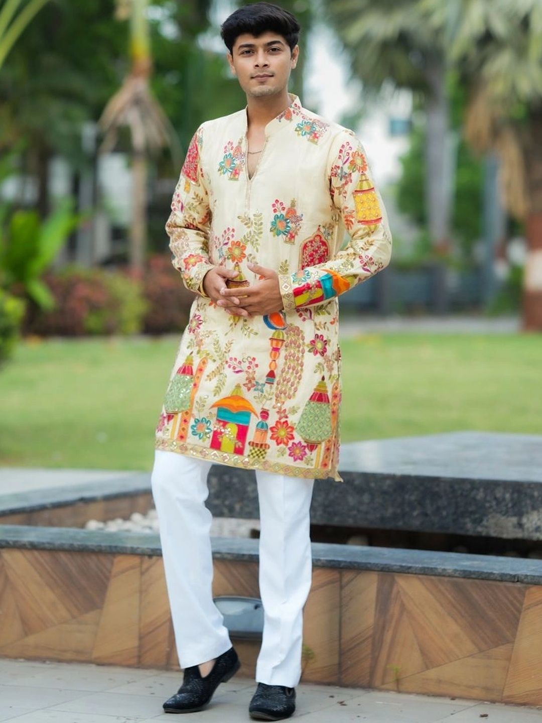House Of Sanskruti Men Ethnic Motifs Embroidered Thread Work Indie Prints Crepe Kurta-picture-29