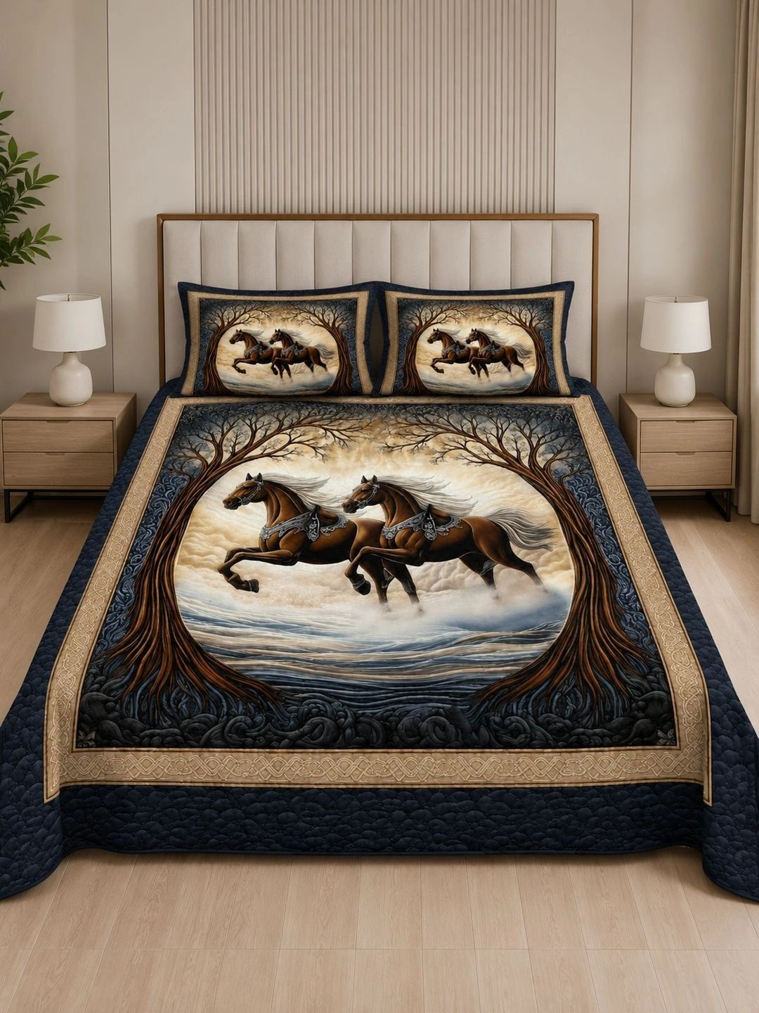DECOR WELL Brown & Navy Blue 250 TC Bedsheet with 2 Pillow Covers-image-24