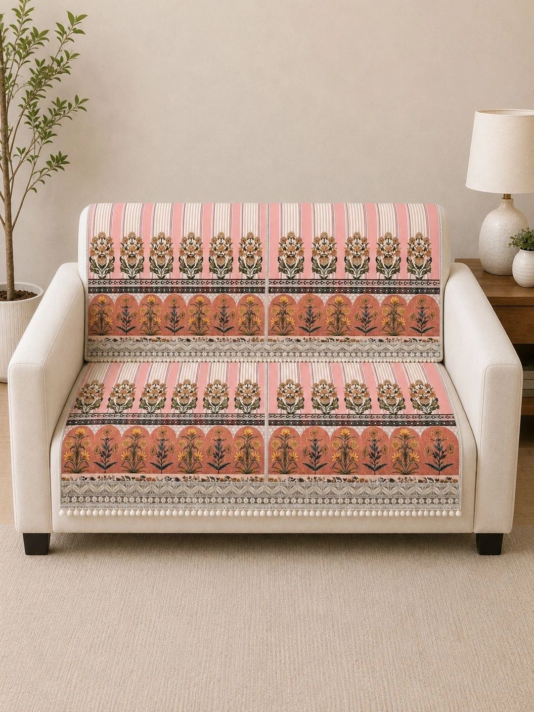 Aura Coral & Pink Printed 2 Piece Sofa Cover Without Arms-picture-23