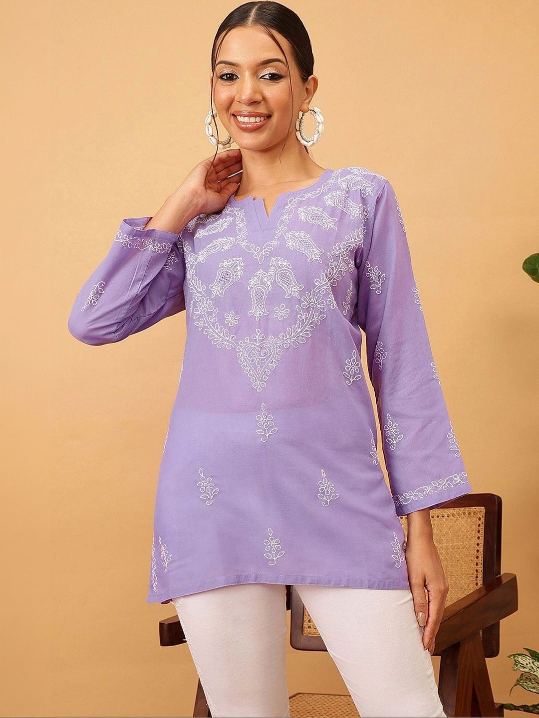 ADA Ethnic Motifs Embroidered V-Neck Chikankari Chikankari Kurti-picture-41