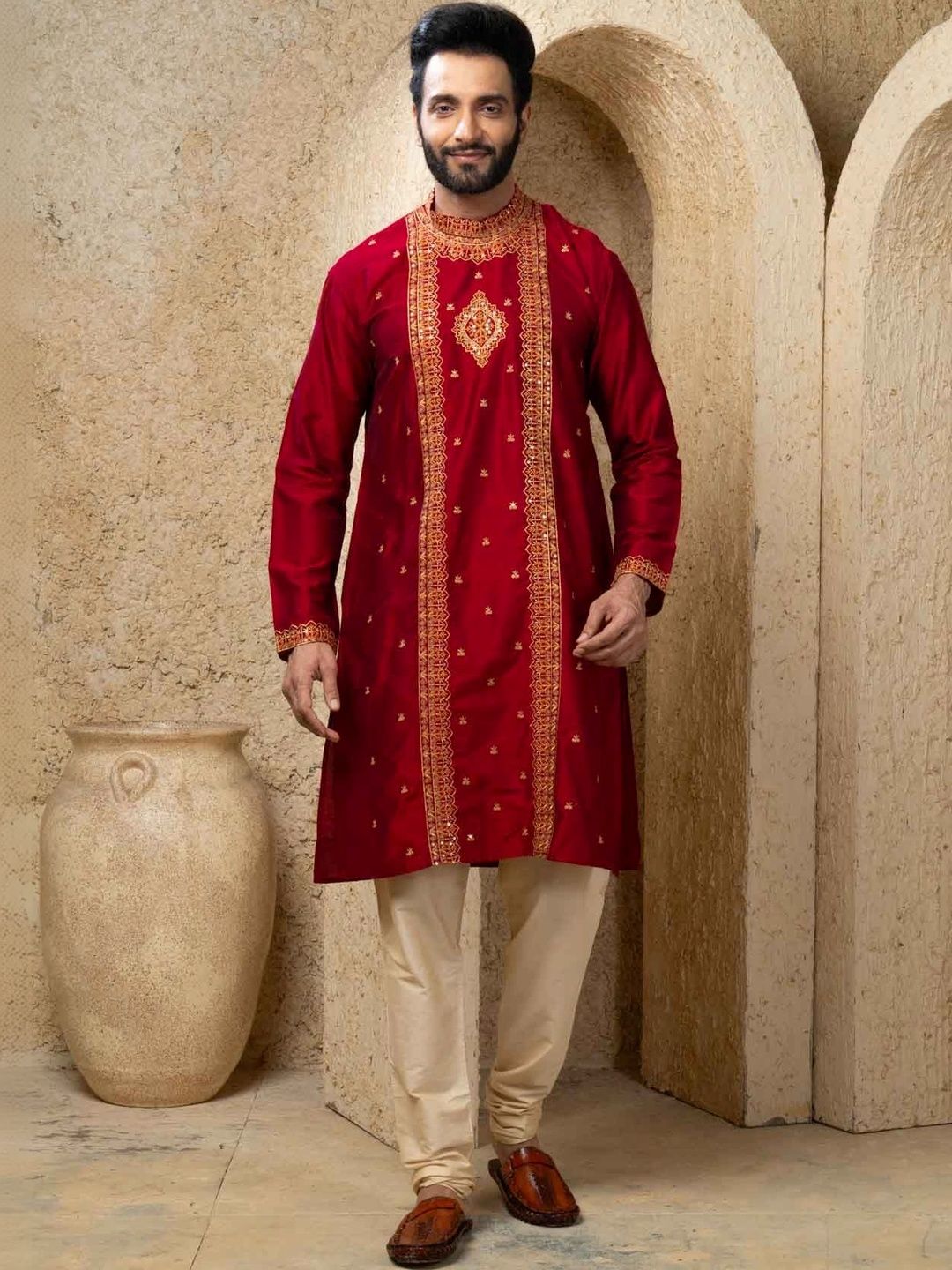 THE SHAHENSHA Men Ethnic Motifs Embroidered Regular Raw Silk Kurta with Churidar-picture-43