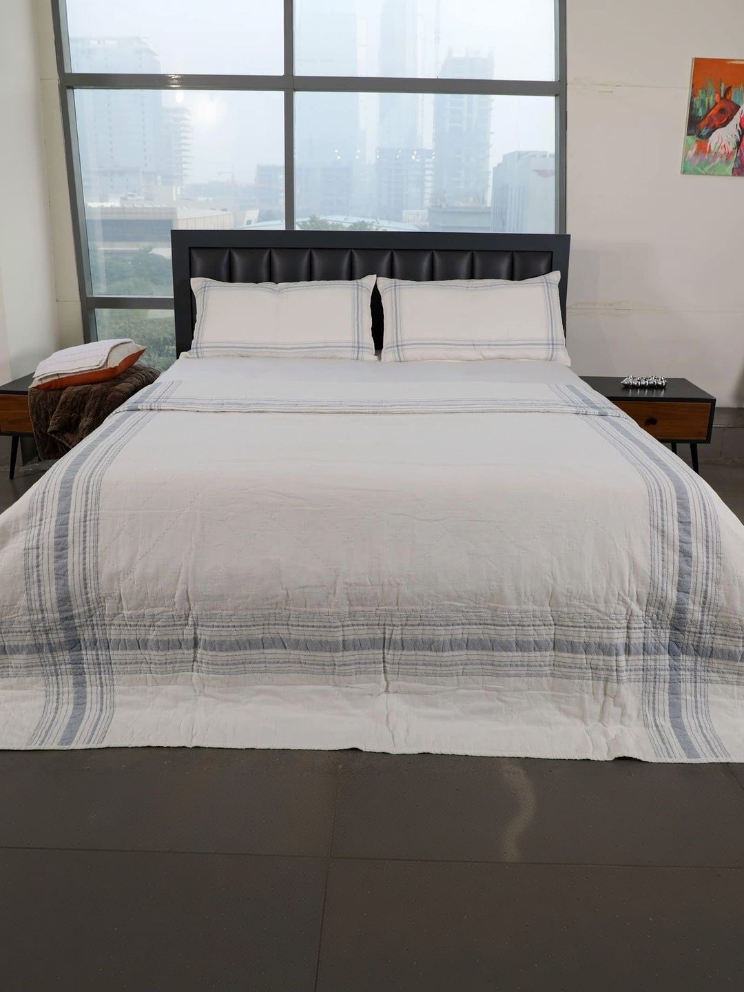 EcruE Multicoloured & Blue Striped 110 TC King Bedsheet with 2 Pillow Covers-image-21