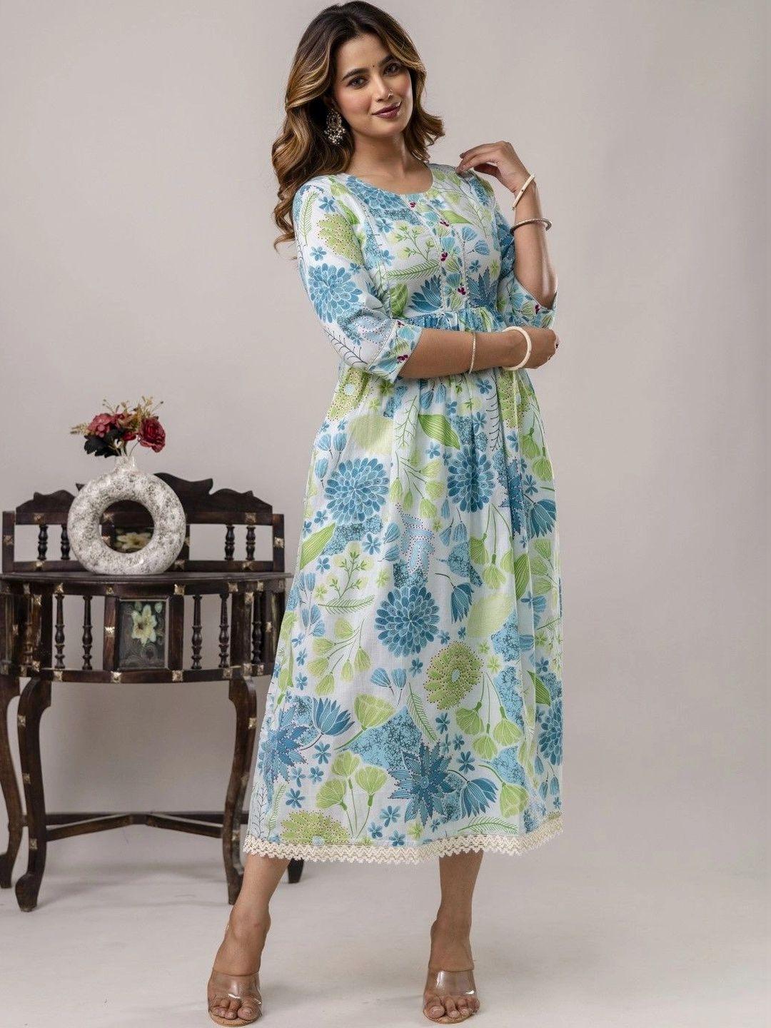Sangria Printed Round Neck Fit & Flare Maternity Ethnic Dresses-image-33