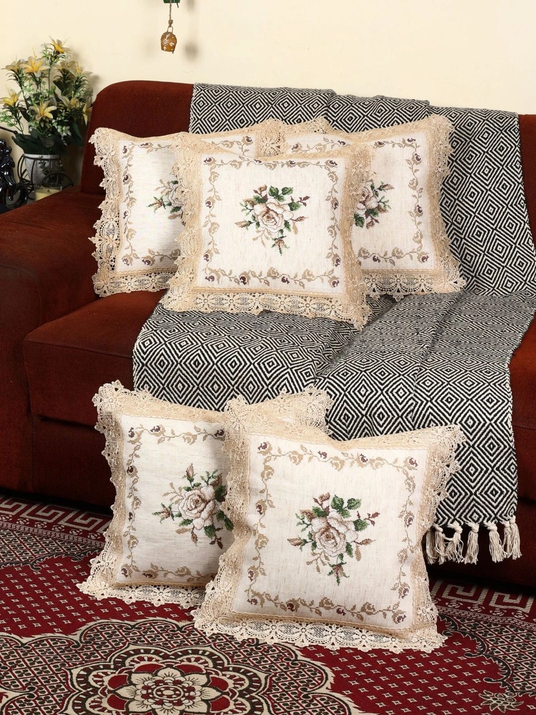 TANLOOMS White Set of 5 Floral Linen Square Cushion Covers-image-49