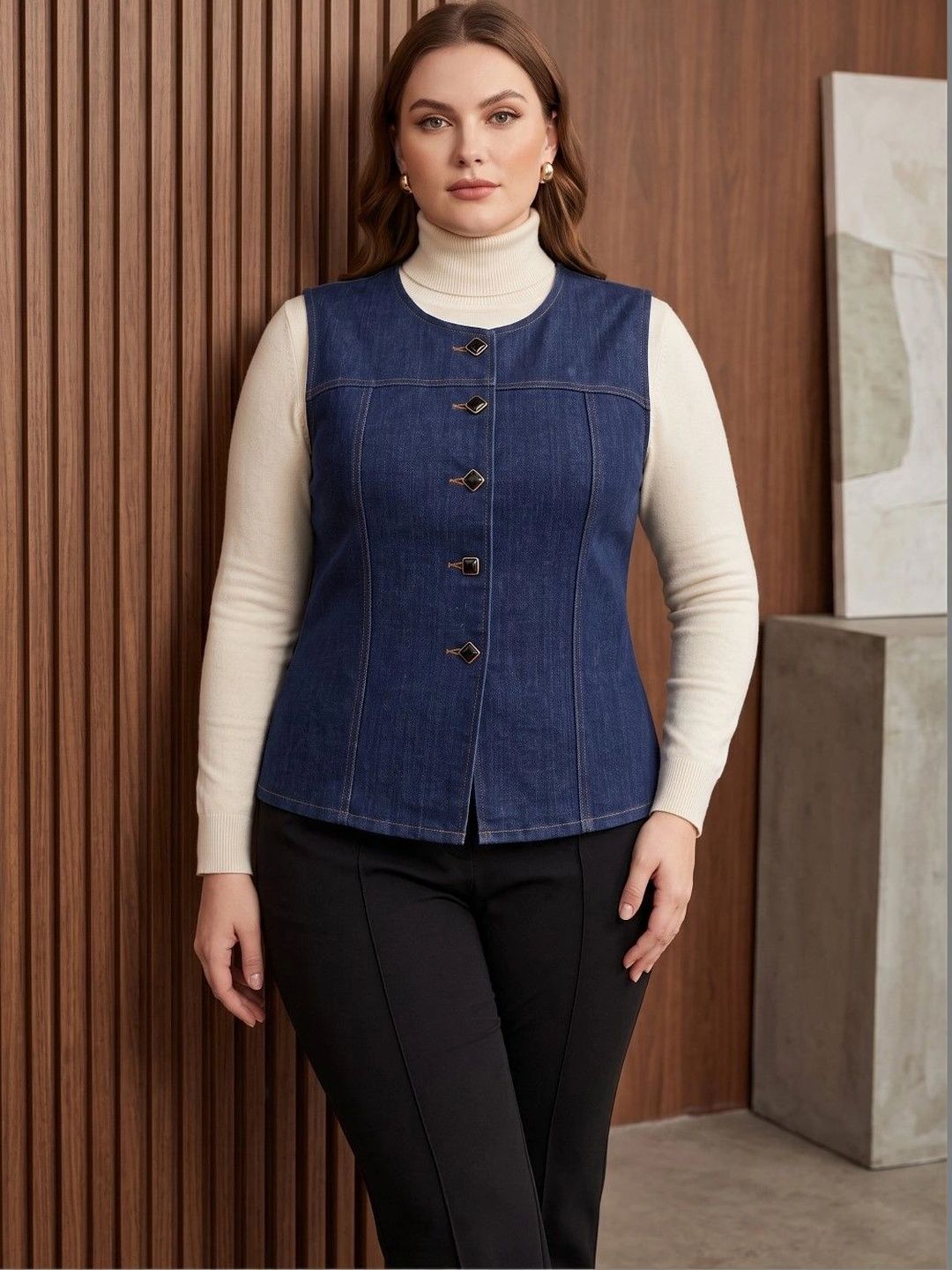 THE FASHION HUB Scoop Neck Denim Formal Waistcoat-picture-24