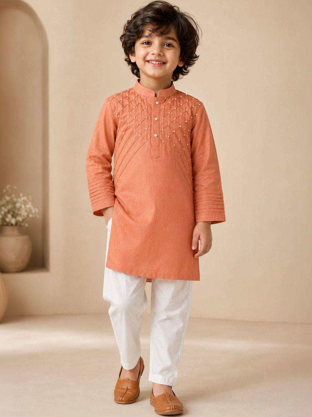 Peekaaboo Kids Boys Embroidered Regular Beads and Stones Linen Kurta with Pyjamas-picture-36