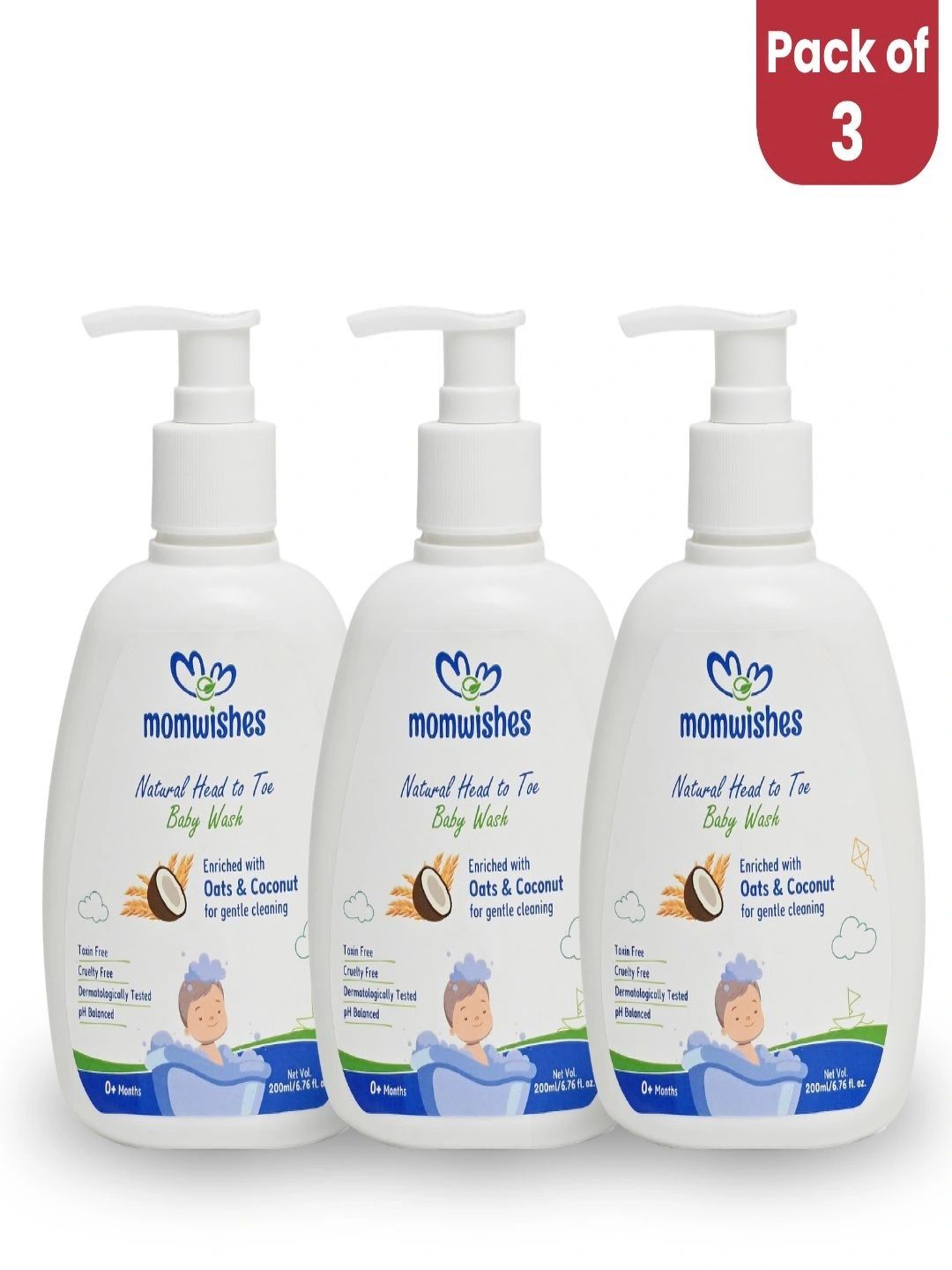 MOMWISHES Set Of 3 Natural Head To Toe Baby Wash With Oats & Coconut - 100 ml Each-picture-55