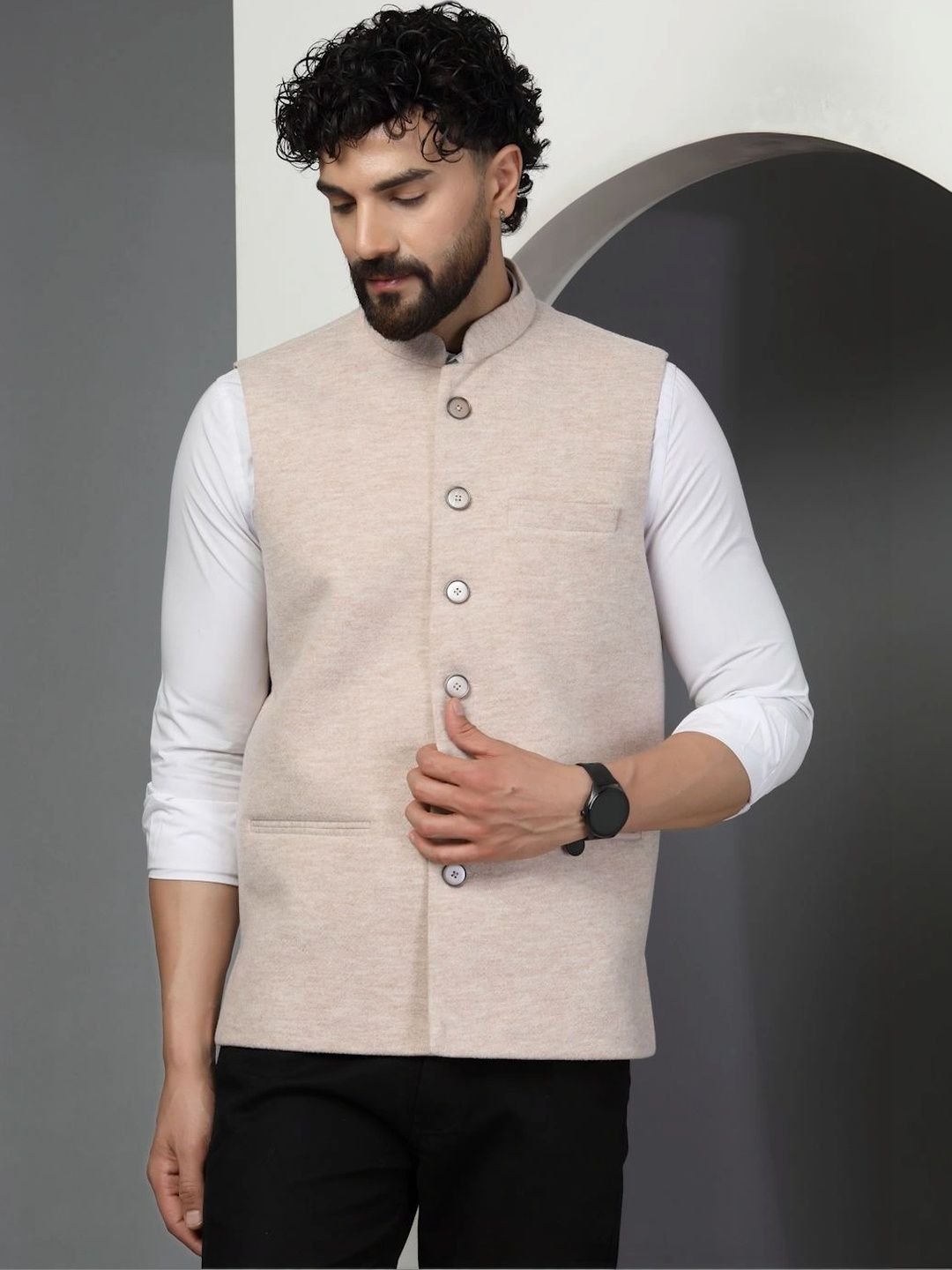 Vastraa Fusion Mandarin Collar Woven Nehru Jackets-picture-55