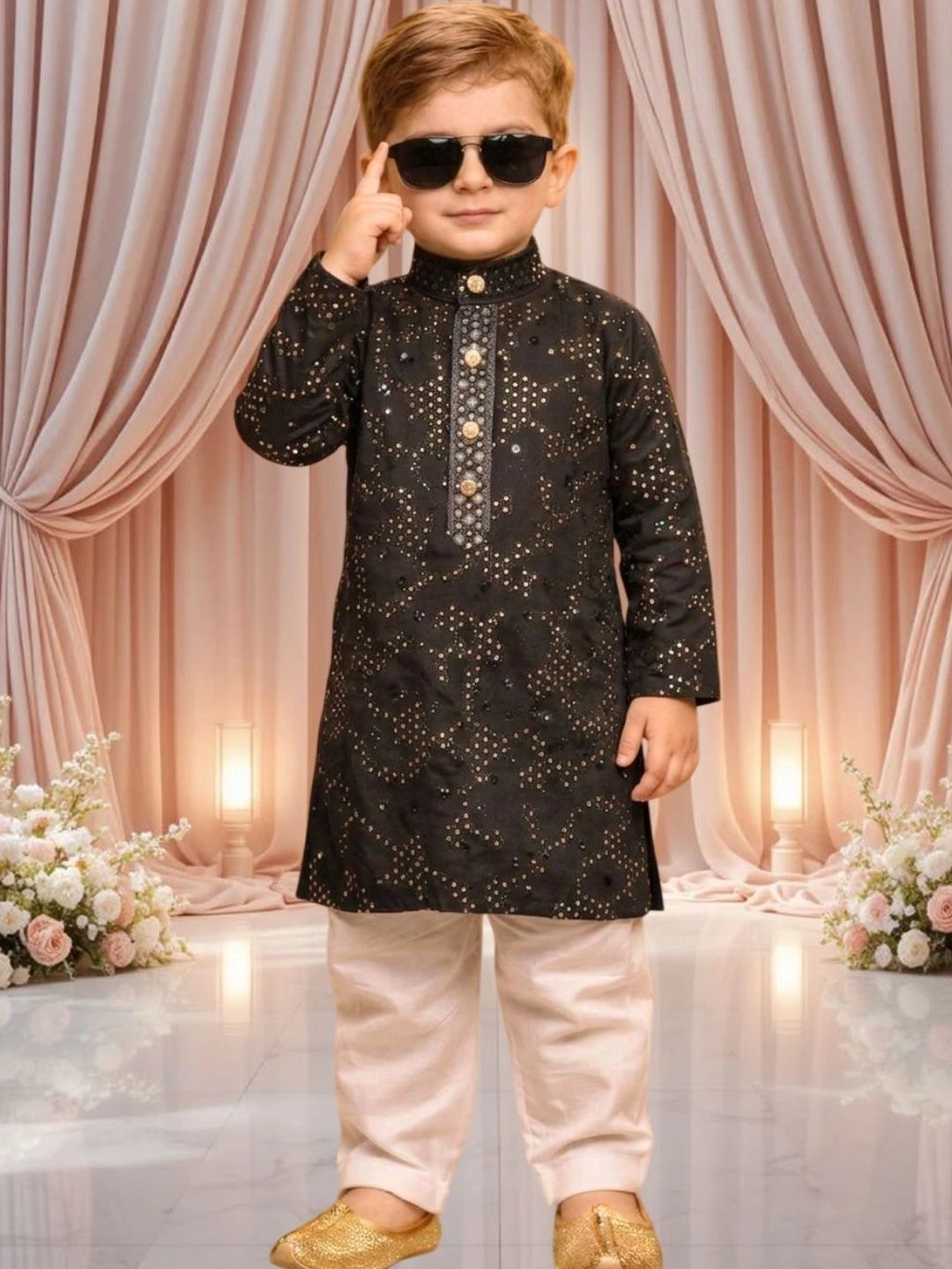 BAESD Boys Ethnic Motifs Embroidered Regular Sequinned Kurta with Pyjamas-picture-24