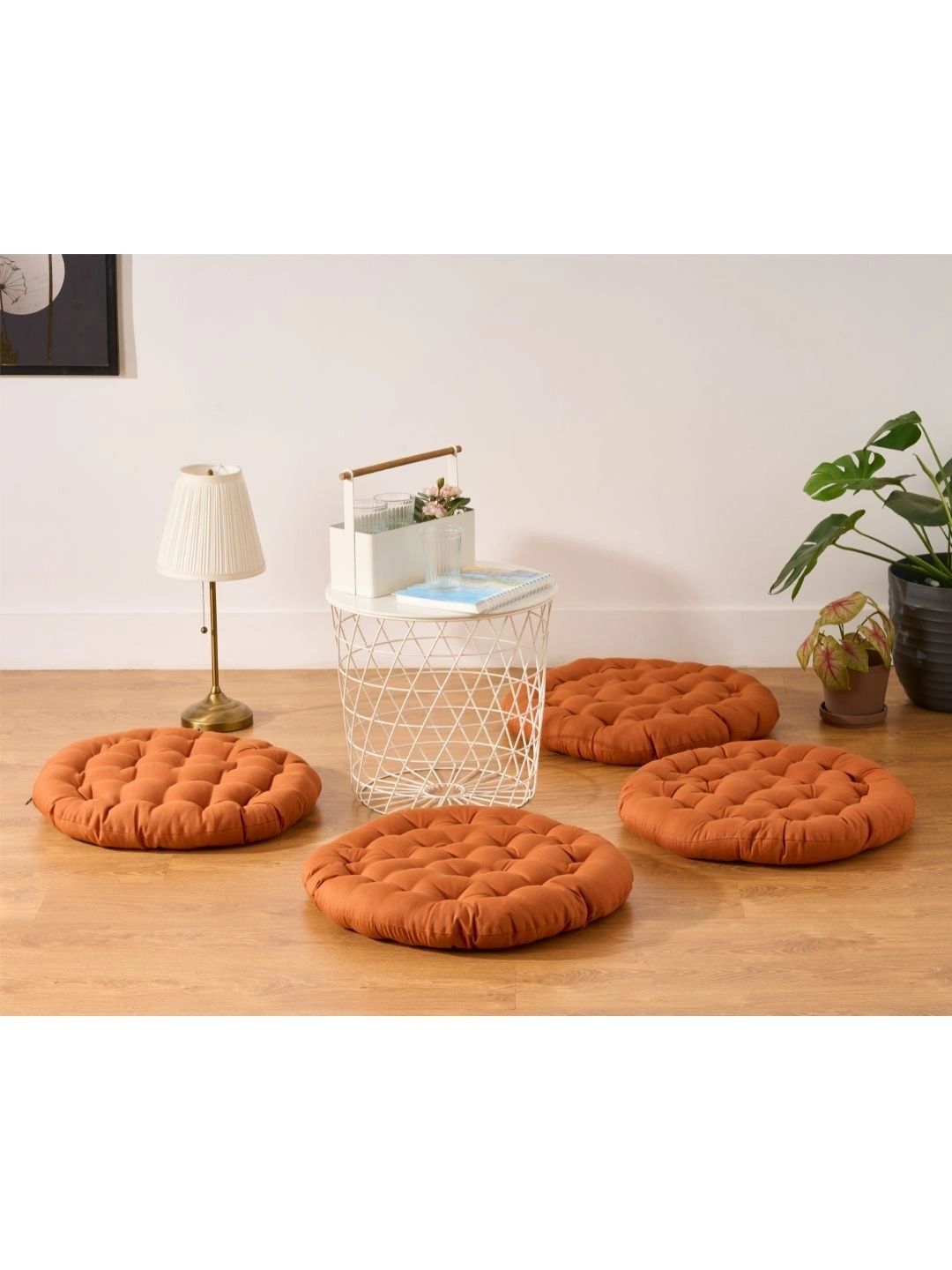 SKANDA FAB 4-Pcs Camel Brown Pure Cotton Round Floor Cushions-picture-21