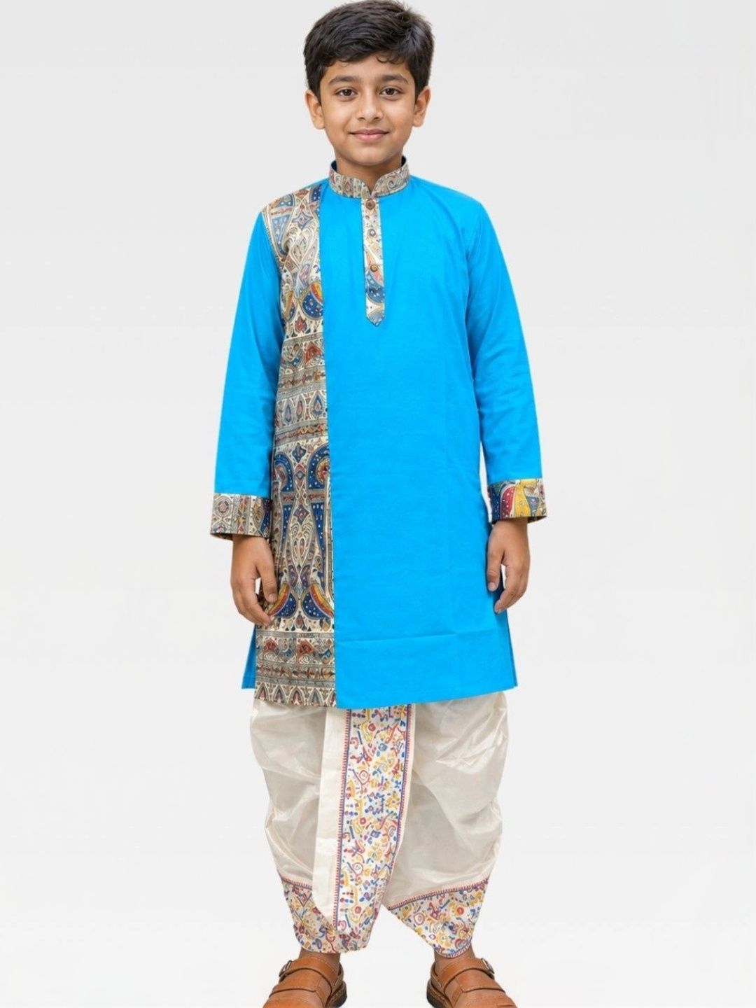 GOURI COLLECTIONS Boys Madhubani Printed Cotton Kurta with Dupion Silk Dhoti Set-picture-11