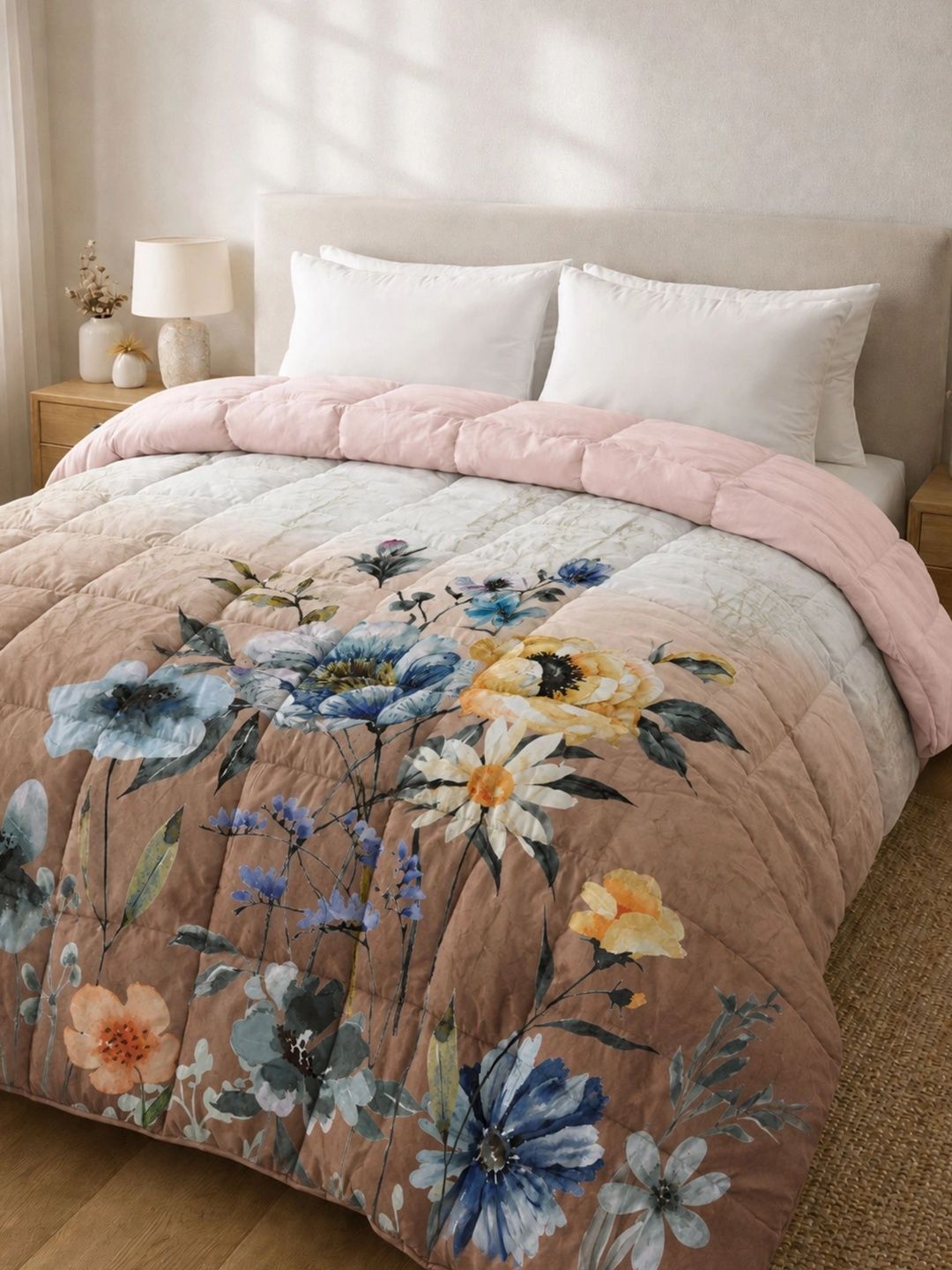 Florida Brown & Blue Floral Microfiber 233 GSM Comforter-image-29