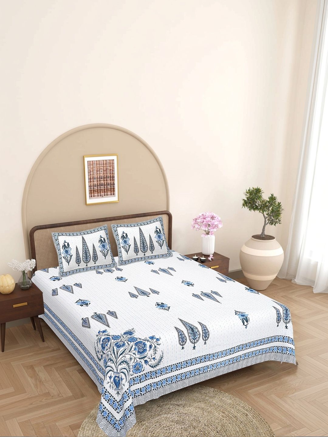 FrionKandy Living White & Blue Floral 180 TC Bedsheet with 2 Pillow Covers-image-31